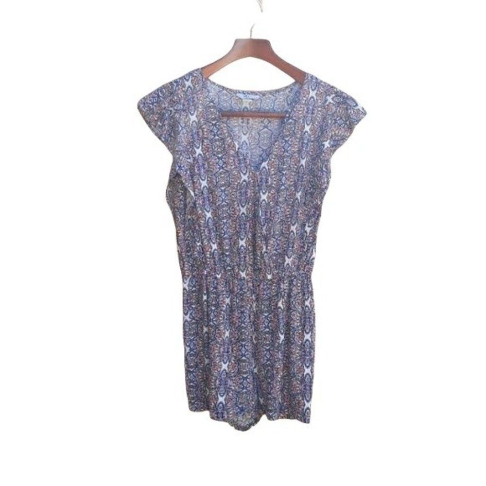 Joe B Romper Surplice Flutter‎ Sleeve Elastic Waist Aztec Star Print Blue Sz M